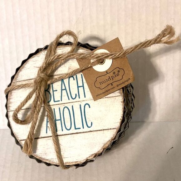 MUD PIE Drink Coaster Beach Coastal Nautical Theme Shiplap Metal Rim Gift Set - Picture 11 of 12